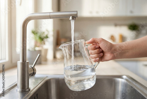 Woman hand holding a glass pitcher filling with fresh tap water