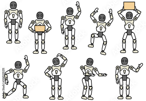 様々なポーズや仕草をする親しみやすいヒューマノイドロボットのキャラクターセット｜AIテクノロジーの進歩や未来の物流や案内などのサービスを表現した素材