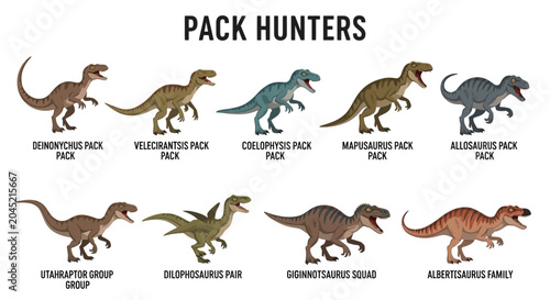 Bilde på lerret Nine illustrations of dinosaur species labeled as pack hunters
