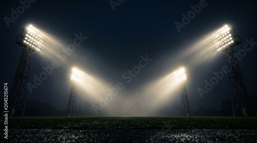 Stadium lights shining bright at night.