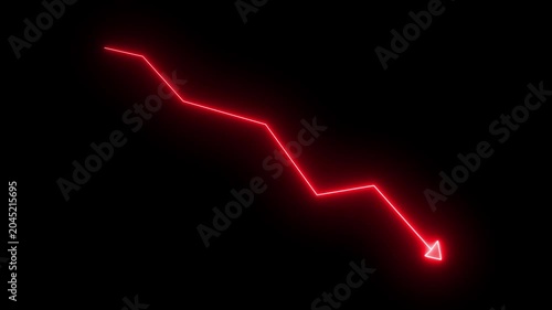 Glowing red neon downward graph with arrow indicating decline, loss, and negative trends on a dark, abstract background, perfect for conveying risk, crisis animation.Right-directional arrow loop.4k