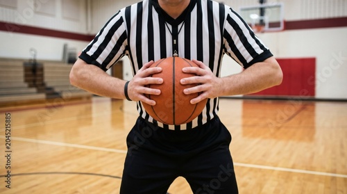 Referee holding basketball on court floor.