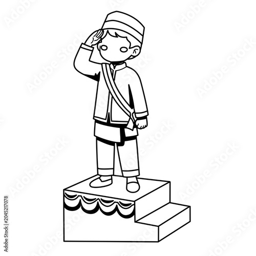 A young boy in traditional attire stands proudly on a podium, saluting.