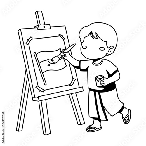 Young Child Painting Art on Canvas with Brush and Palette