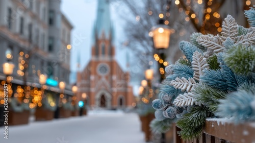 Winter street view with festive holiday lights and snow-covered pine branches
