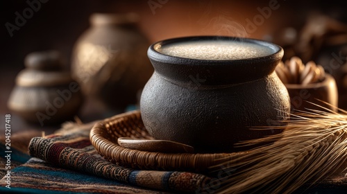Rustic Clay Pot with Steaming Fermented Rice Drink on Table