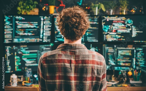 Young man in plaid shirt working with multiple computer screens displaying code at home office