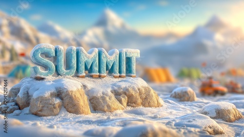 Frosty icy summit letters on snowy mountain top with blurred landscape