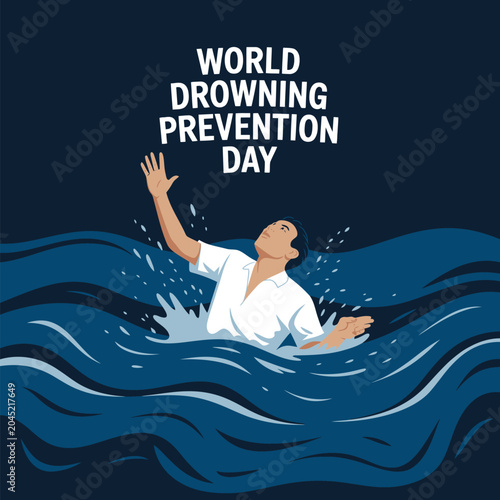 World drowning prevention day illustration with a person struggling in deep blue water