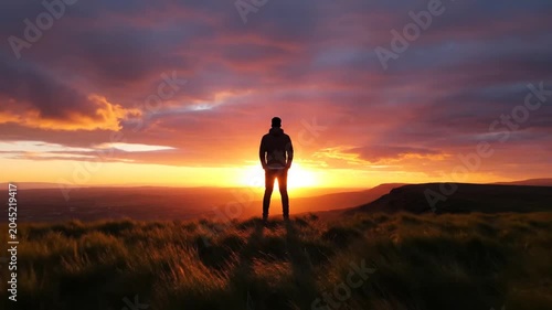 Man silhouette standing on mountain top at dramatic sunset