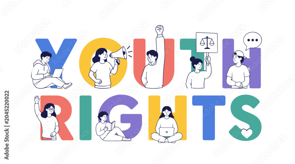 Fototapeta premium Youth Rights Illustrated by Colorful Letters and People.