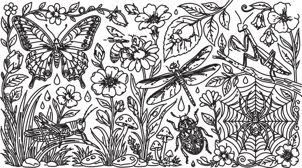 Fototapeta premium Intricate garden insects coloring page vector, detailed botanical line art with butterfly and dragonfly, floral meadow bugs and spider web illustration