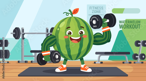 Cartoon Watermelon Character Exercising with Dumbbells in Gym.