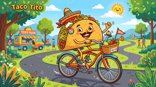 Cartoon Taco Tito Riding Bicycle in Park Scene.