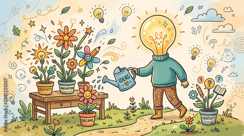 Creative Person Watering Plants with Light Bulb Head in Garden Scene.