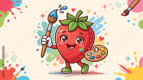 Cute Anthropomorphic Strawberry Character Painting Artistic Design.