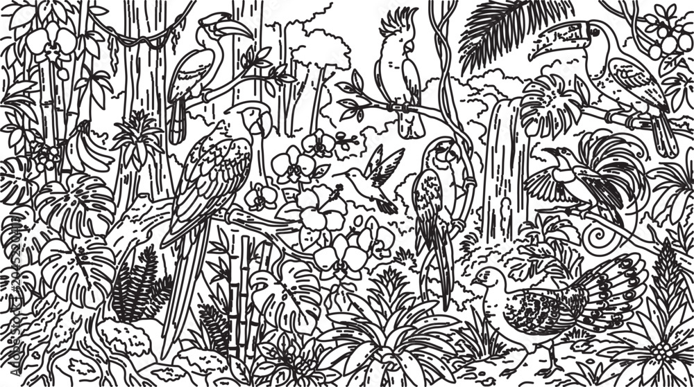 Fototapeta premium Tropical jungle coloring page vector, exotic rainforest birds and botanical plants line art, detailed nature landscape illustration for adults