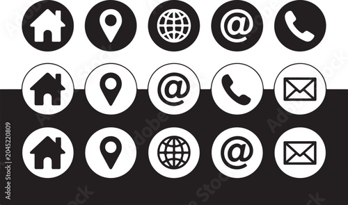 Set of contact icons and web symbols including home location mail phone globe for business website interface and communication.