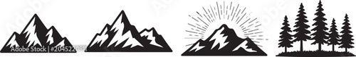 Mountain silhouette set with pine tree forest and rising sun rays for outdoor adventure camping and wilderness nature exploration.