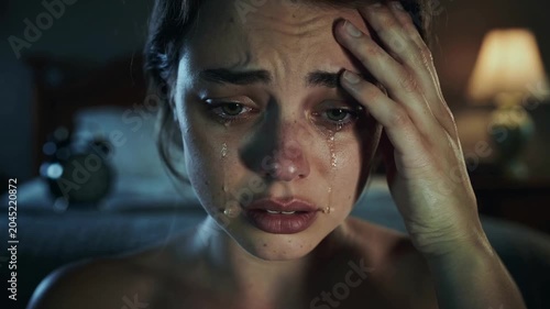 Young woman crying with hand on forehead in bedroom at night close up