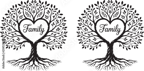 Schilderij op canvas Two black family tree silhouette illustrations with heart shape and family word inside