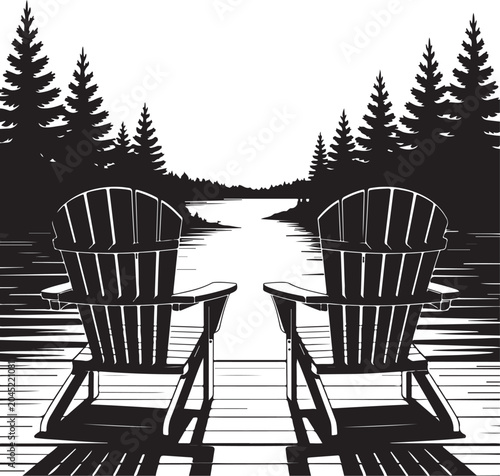 Obraz na płótnie Two adirondack chairs facing calm lake forest view silhouette black graphic art for peaceful outdoor relaxing cabin decor concept
