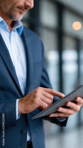 Business professional using tablet device in office corridor for secure access digital workflow and corporate productivity visuals