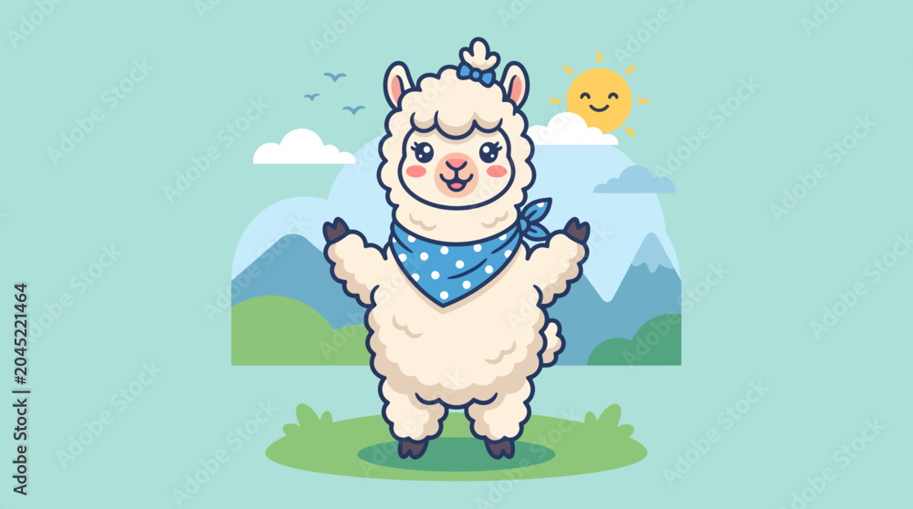 Fototapeta premium Cute Llama Character in Mountain Landscape Illustration.