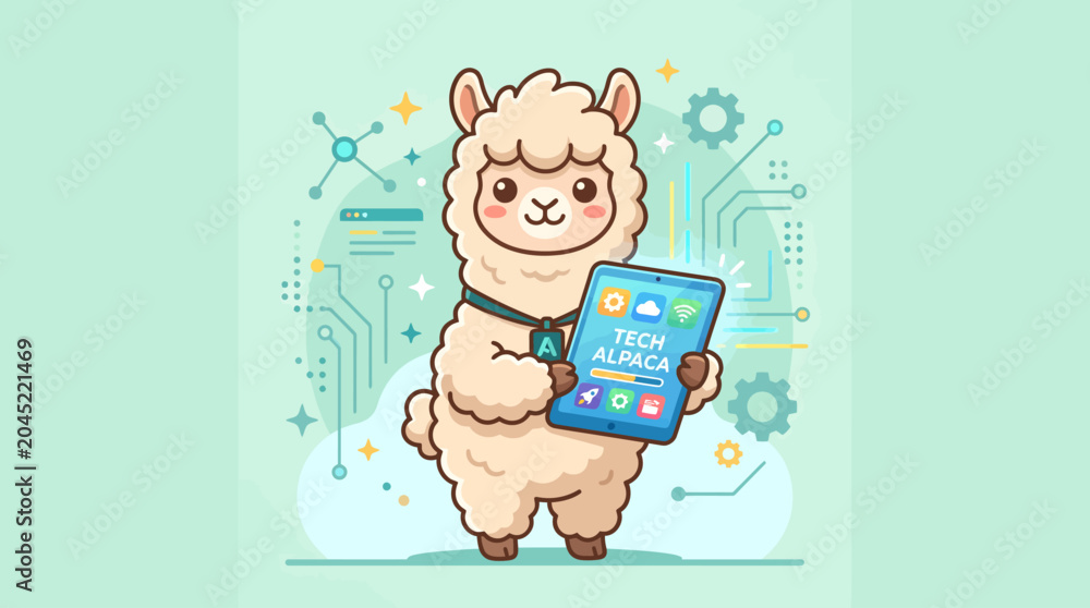 Fototapeta premium Cute Llama Character Holding a Digital Tablet in a Modern Tech Environment.