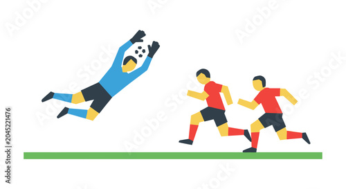 Soccer Goalkeeper Diving to Save Ball from Players.