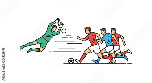 Soccer Goalkeeper Diving to Save Goal from Attackers.