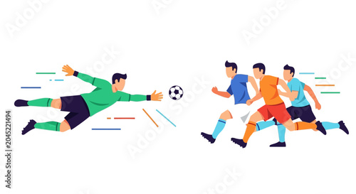Soccer goalkeeper diving to save goal from attacking players.