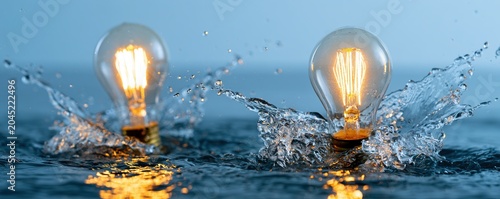 Two illuminated light bulbs splashing in water with reflections for creative energy background and advertising banner design
