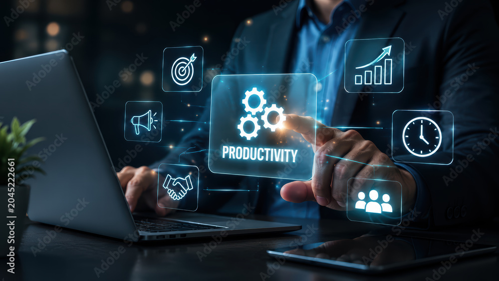 © nattapong - Enhance productivity with digital tools and strategies, showcasing gears and icons representing growth, time management, and collaboration in modern workspace