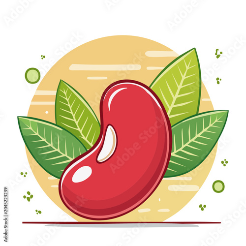 Red bean illustration with green leaves and yellow background