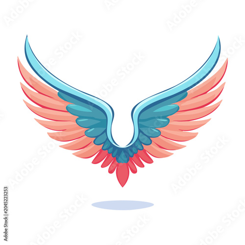Stylized wings graphic with blue and pink feathers