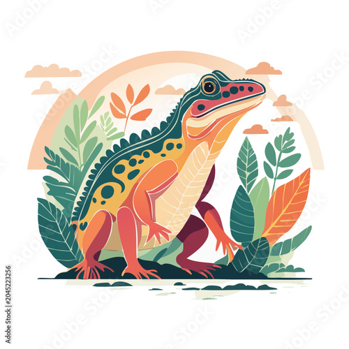 Stylized frog illustration in a natural setting