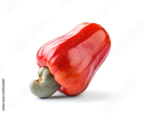 Fresh cashew apple fruit with single nut attached, vibrant red and green white background