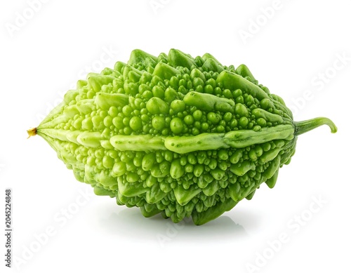 Fresh green bitter melon fruit, whole uncut, white background, isolated on white background