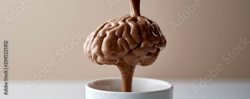 Molten chocolate brain sculpture pouring into a cup for surreal food art background and advertising design