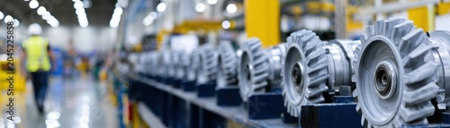 Manufacturing production line with metal gears and industrial machinery for factory background and engineering banner