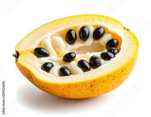 Open ackee fruit with cream-colored arils and white background, black seeds on, yellow pod