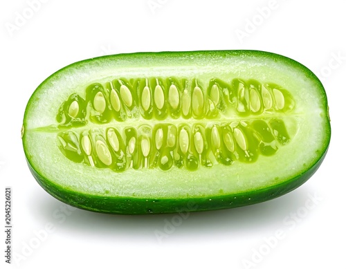 Sliced african cucumber revealing vibrant translucent seeds and jelly white background