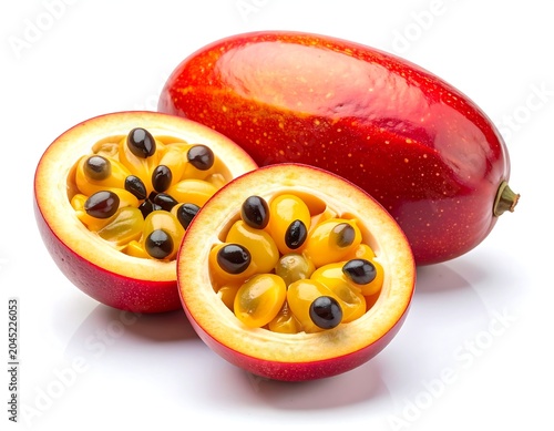 Split open ackee fruit revealing glossy yellow arils and red outer shell white background