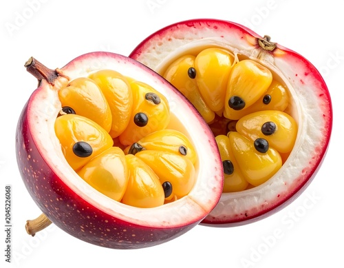 Split open ackee fruit with yellow flesh and white background, black seeds on, red shell