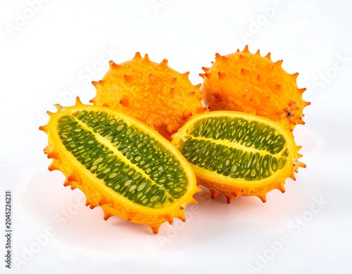 Ultra-realistic studio of fresh african horned cucumber fruits white background