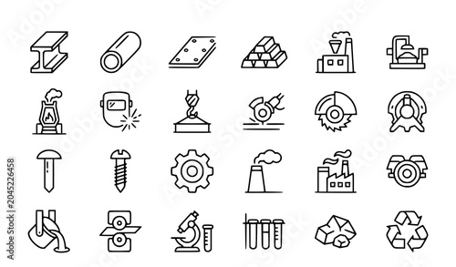 Bild auf Leinwand Metallurgy and Steel Products Outline Icon Pack with Industrial Engineering Symb