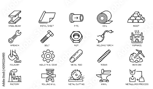 Metals and Metallurgy Outline Icon Set with Steel Products and Industrial Manufacturing Symbols