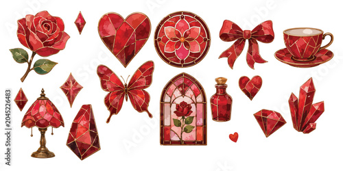 Foto Vintage Red Stained Glass Window and Lamp Watercolor Art