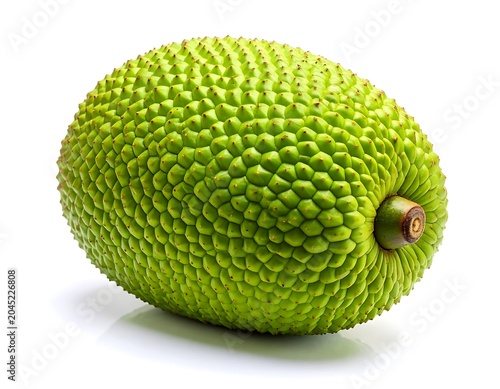 Whole breadfruit with spiky green skin on white background, white background
